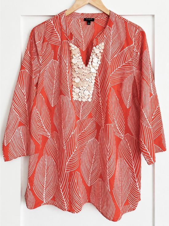 Talbots Tops - Talbots Leaf Print Tunic Top Sz Large Petite Lightweight 100% Cotton 3/4 Sleeve
